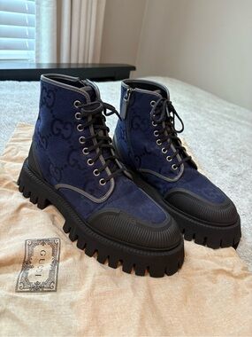 Gucci Monogram Print Canvas Combat Boots